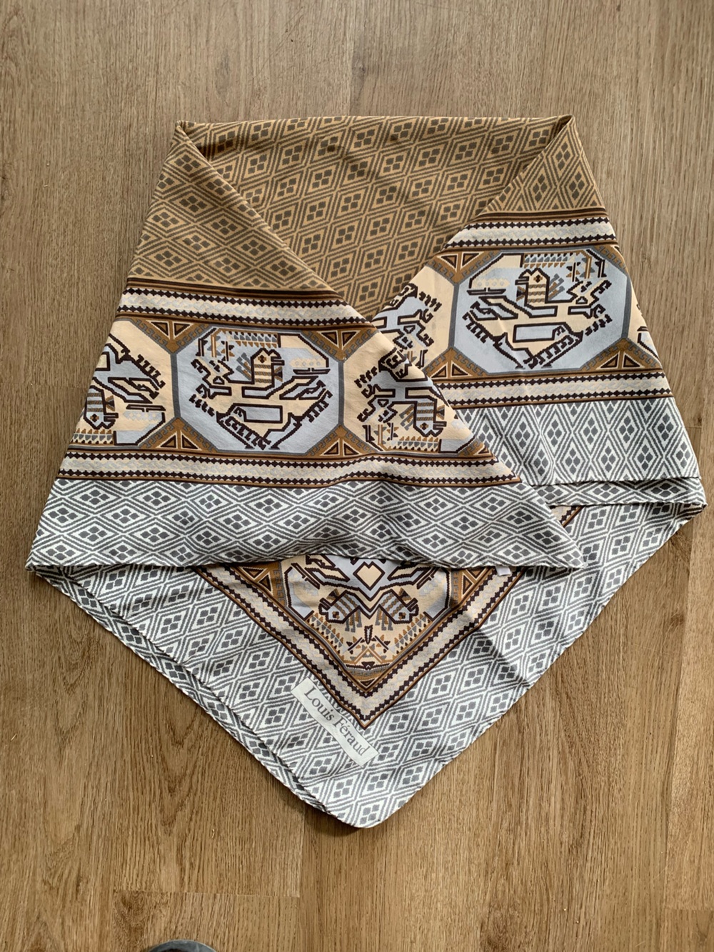 Louis Feraud Square Silk? Scarf Tribal Aztec Brown neutral Decorative 33 inch